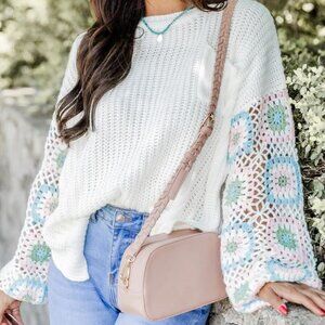Pink Lily Ivory Multi Crochet Sleeve Sweater
